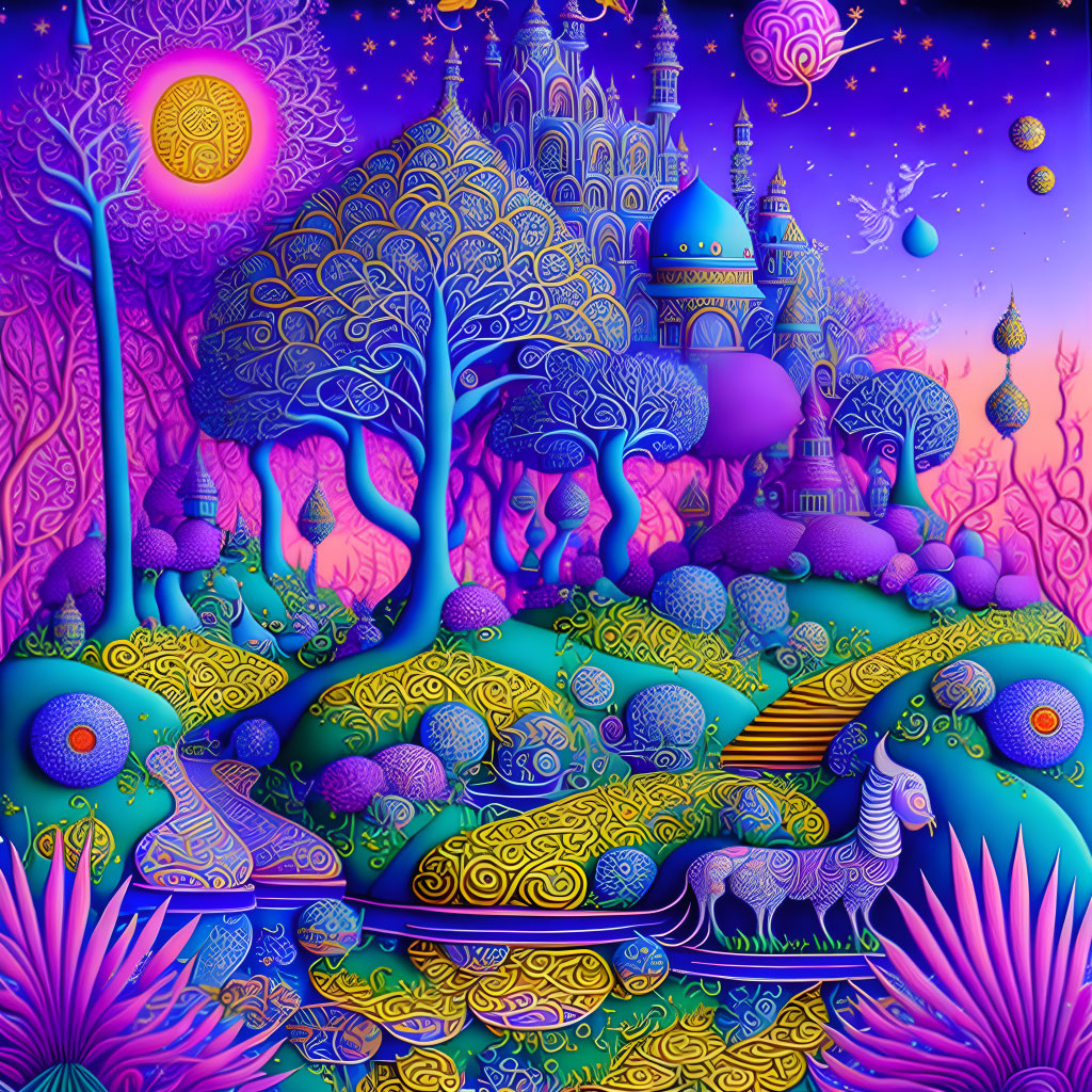 Colorful Psychedelic Illustration with Trees, Orbs, and Castles