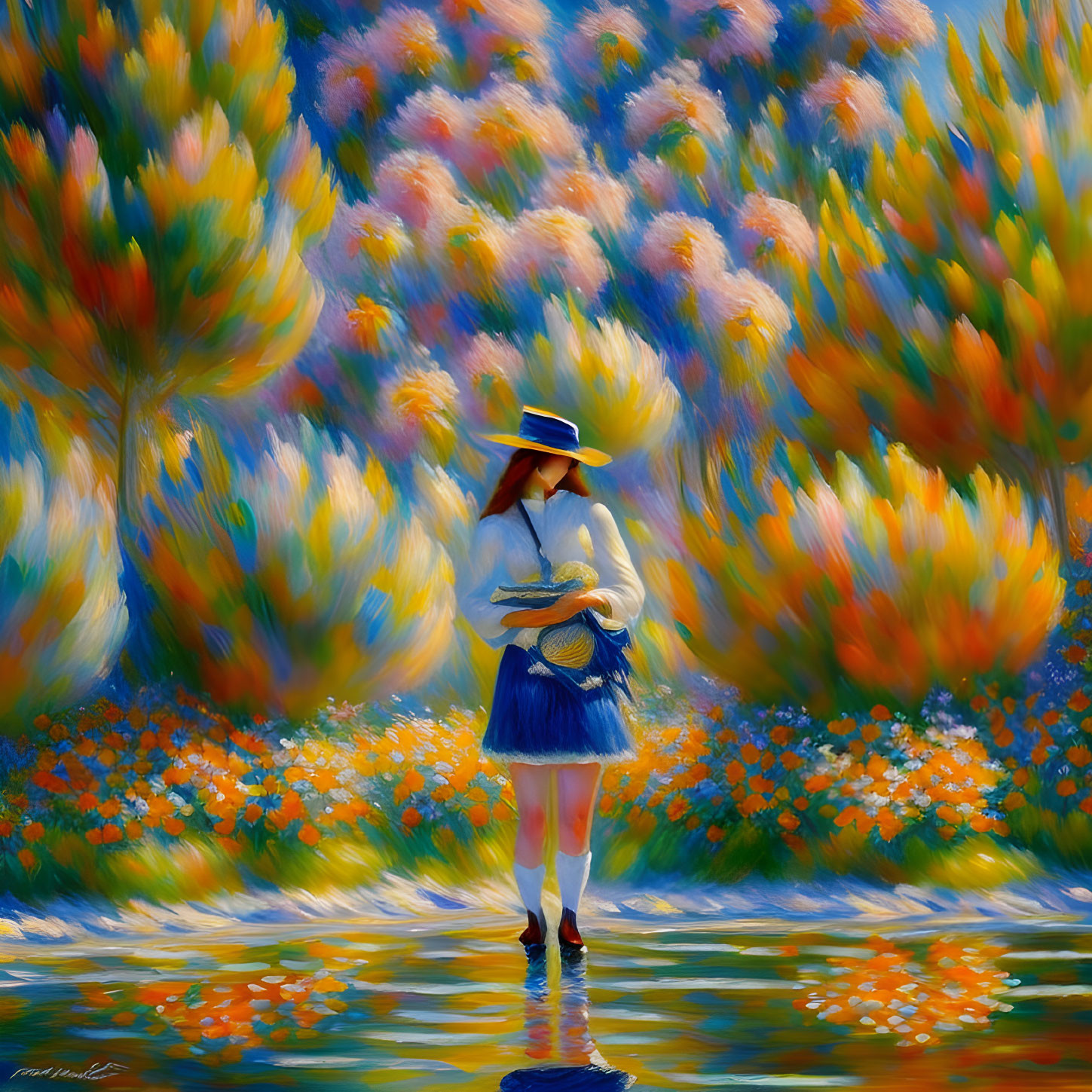 Vibrant impressionistic landscape with blooming trees and water reflection