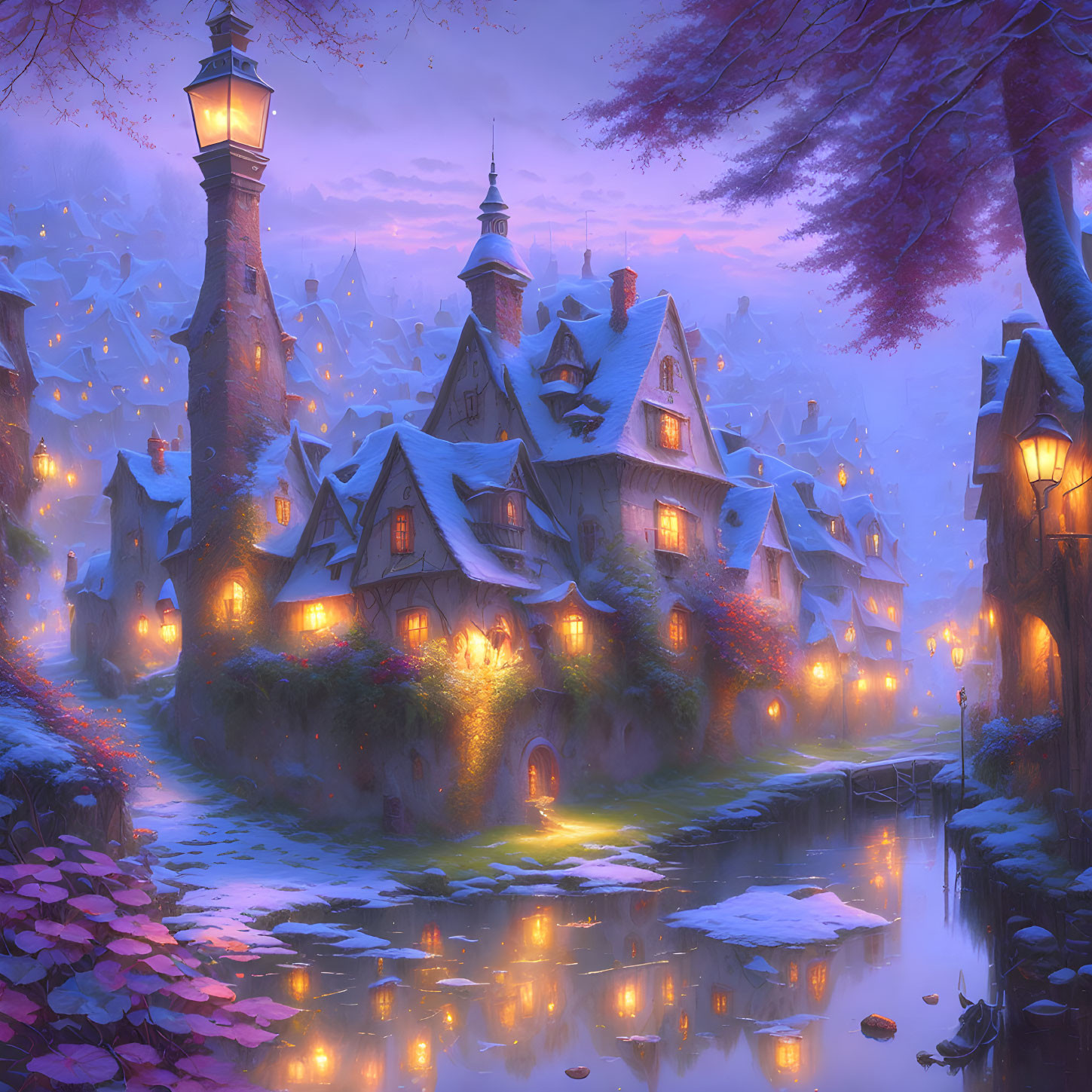 Snow-covered village with cozy cottages and serene river at twilight