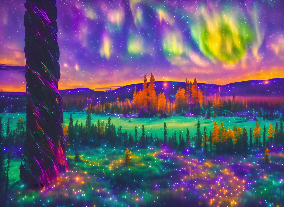 Mystical forest with spiral structure under vivid aurora borealis