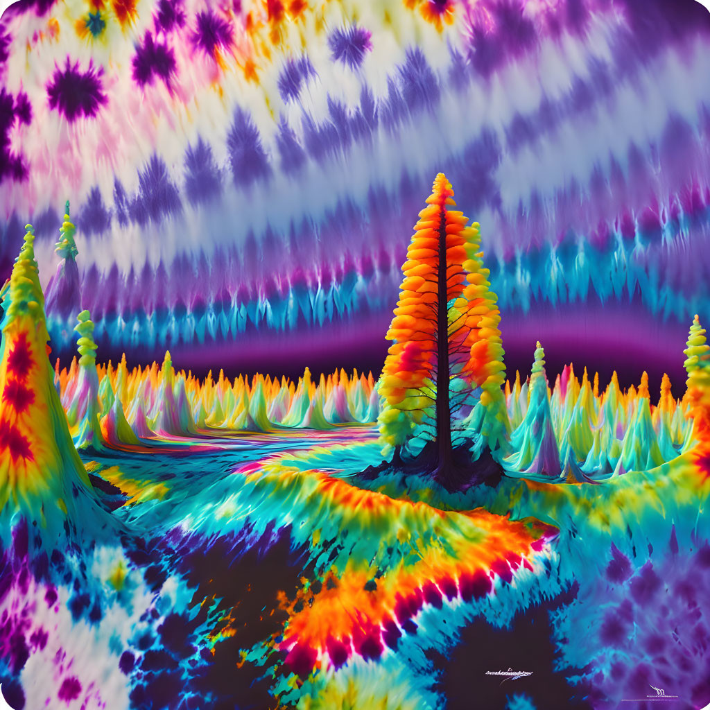 Colorful Abstract Art with Psychedelic Tree and River Patterns