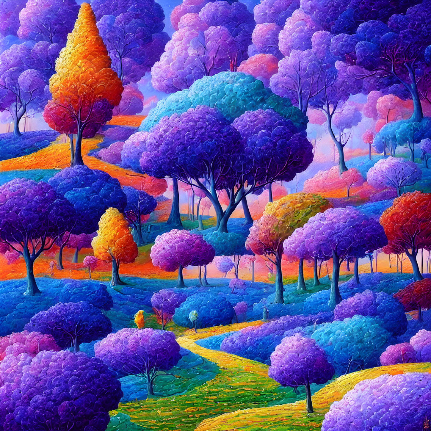 Colorful Surreal Landscape Painting with Purple, Blue, and Orange Trees