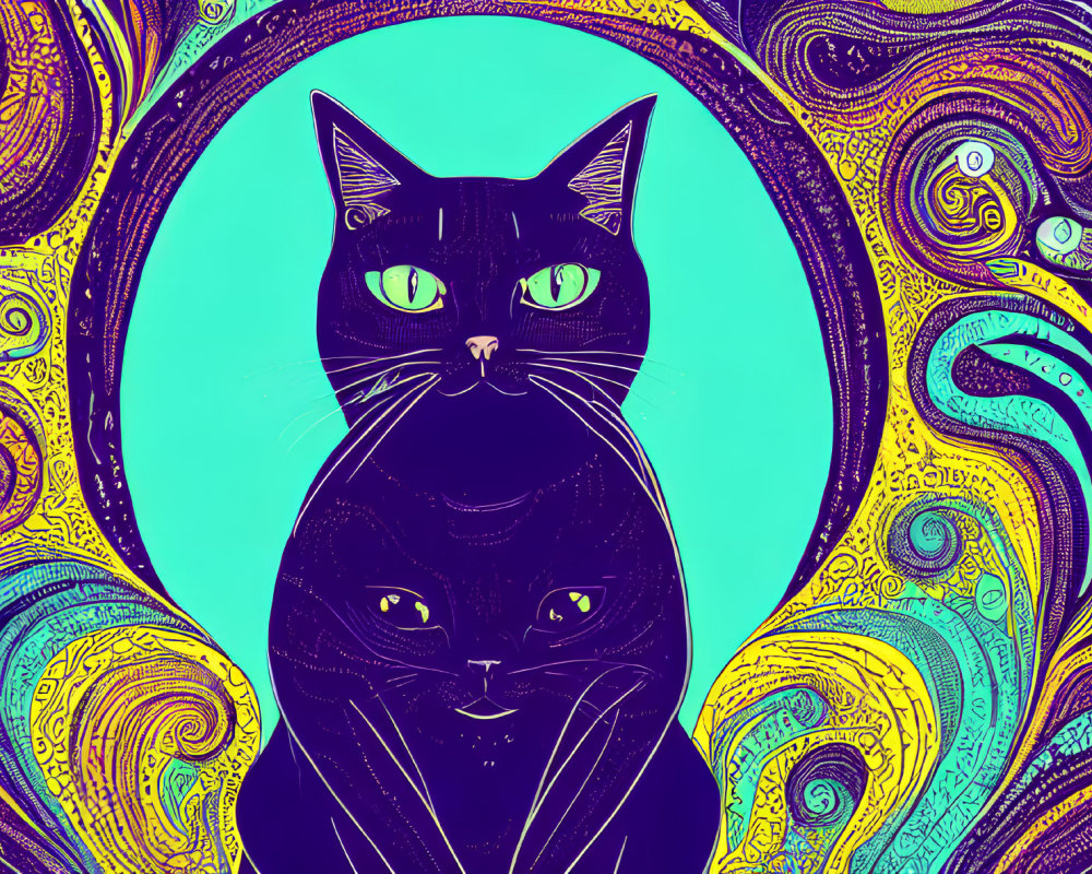 Colorful Psychedelic Swirl Background with Black Cat Illustration