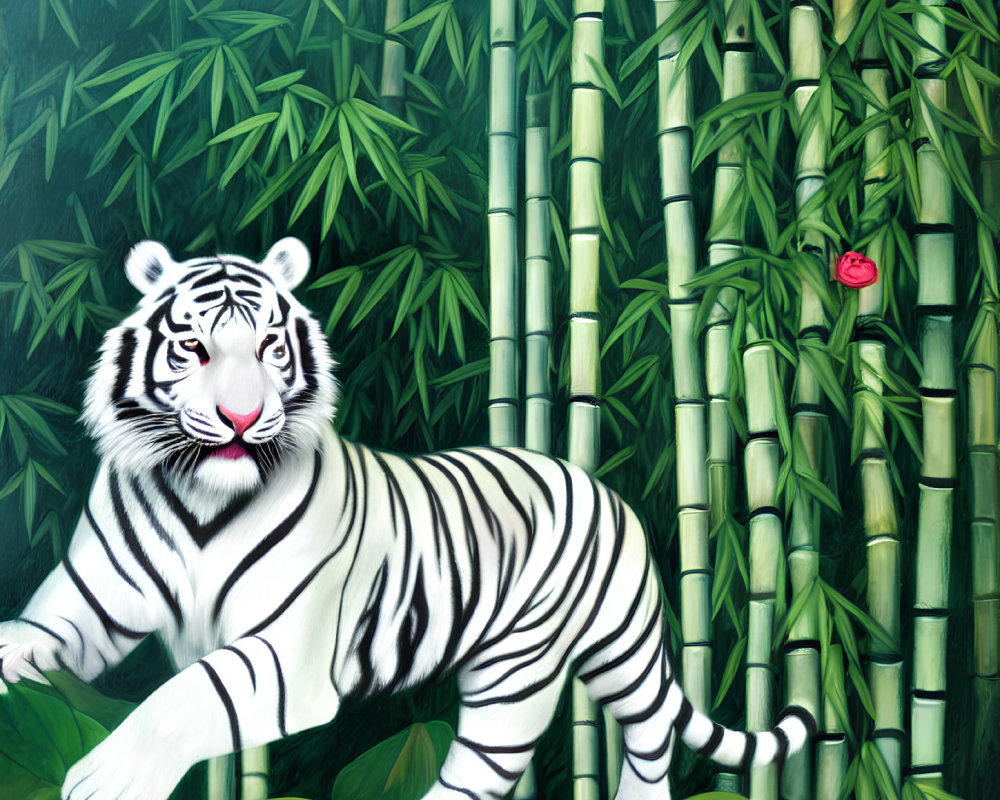 White Tiger Surrounded by Green Bamboo and Rose