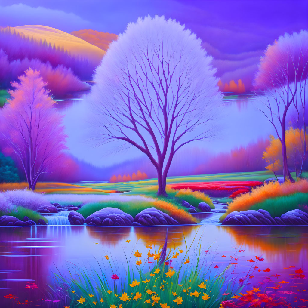 Surreal landscape with vivid purple and orange hues, leafless tree, colorful foliage, serene river