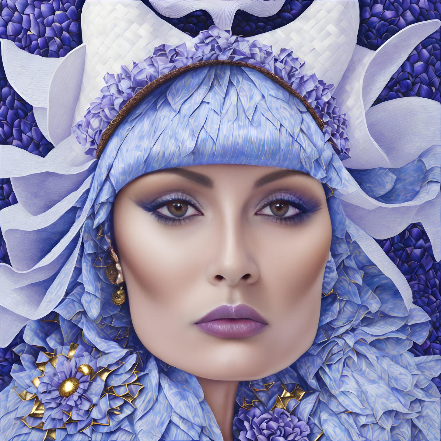 Woman with porcelain-like skin in blue floral headpiece among serene blue flowers