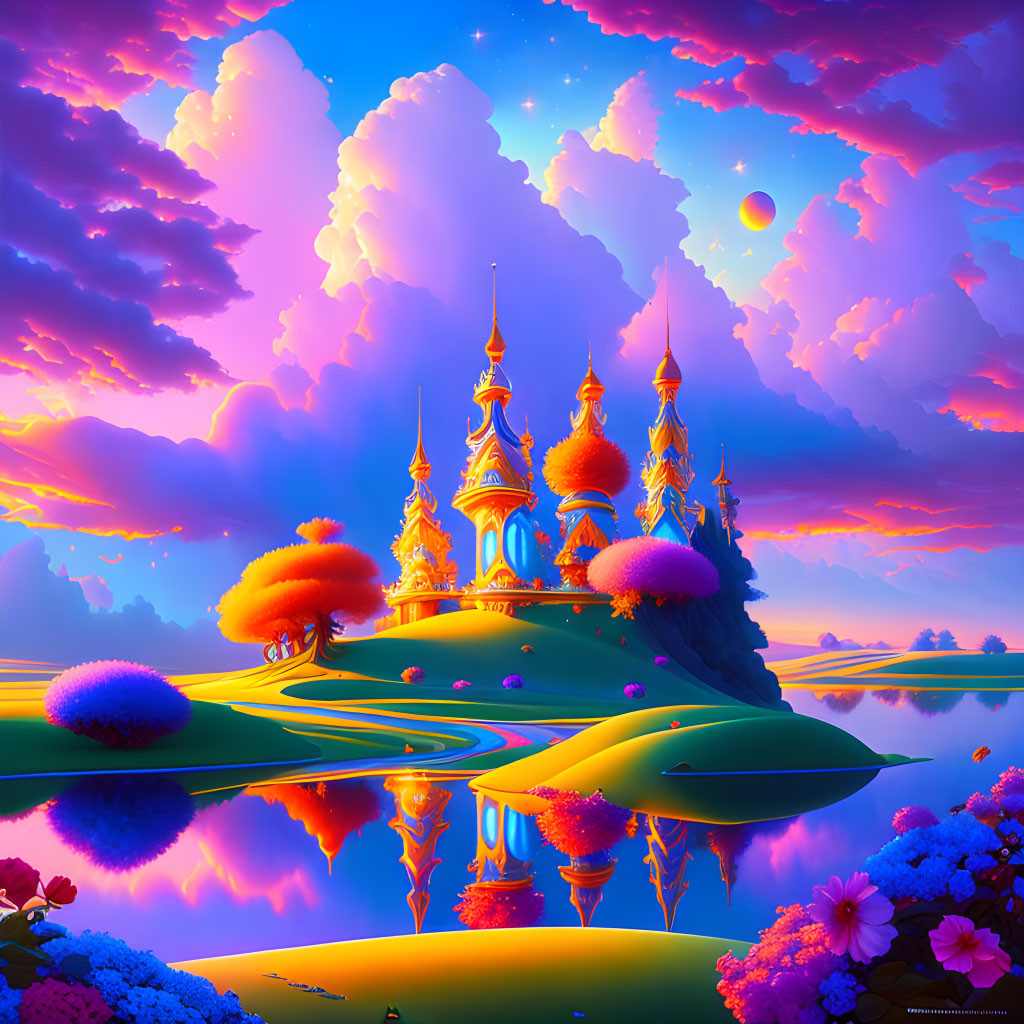 Colorful fantasy landscape: golden castle, vibrant trees, reflective water, sunset sky