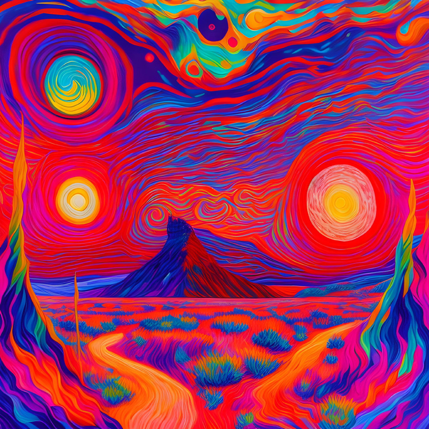 Colorful reinterpretation of swirling sky and stylized landscape