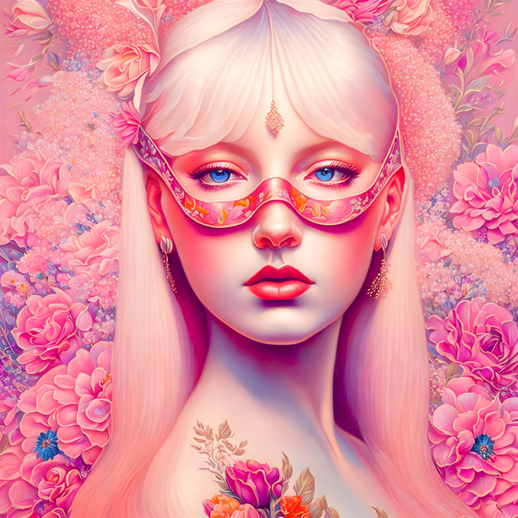 Woman with pale skin and white hair in pink mask surrounded by flowers in surreal illustration