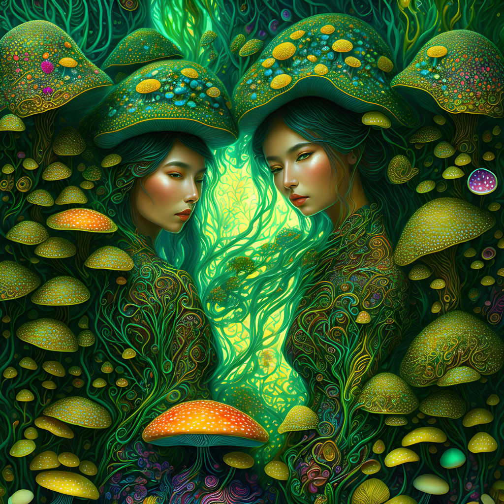 Stylized women with mushroom hats in lush green and gold fungal forest