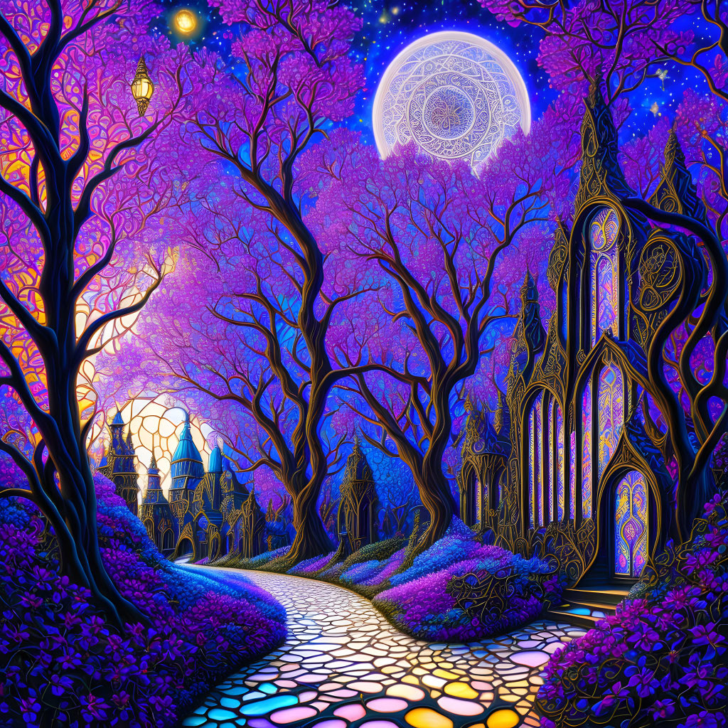 Enchanting forest scene: purple trees, glowing path, intricate gates, celestial night sky