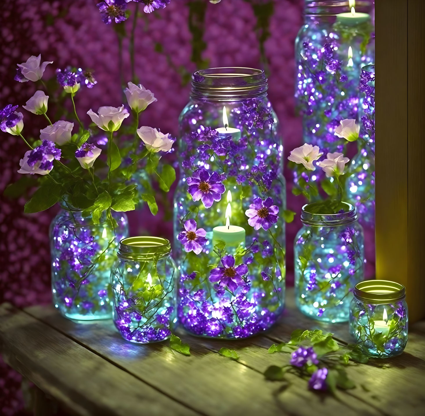 Purple Flowers and Floating Candles in Mason Jars Amid Pink Blossoms