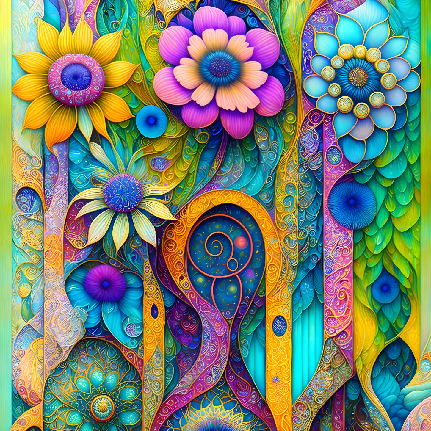 Colorful Abstract Artwork with Stylized Flowers & Psychedelic Patterns