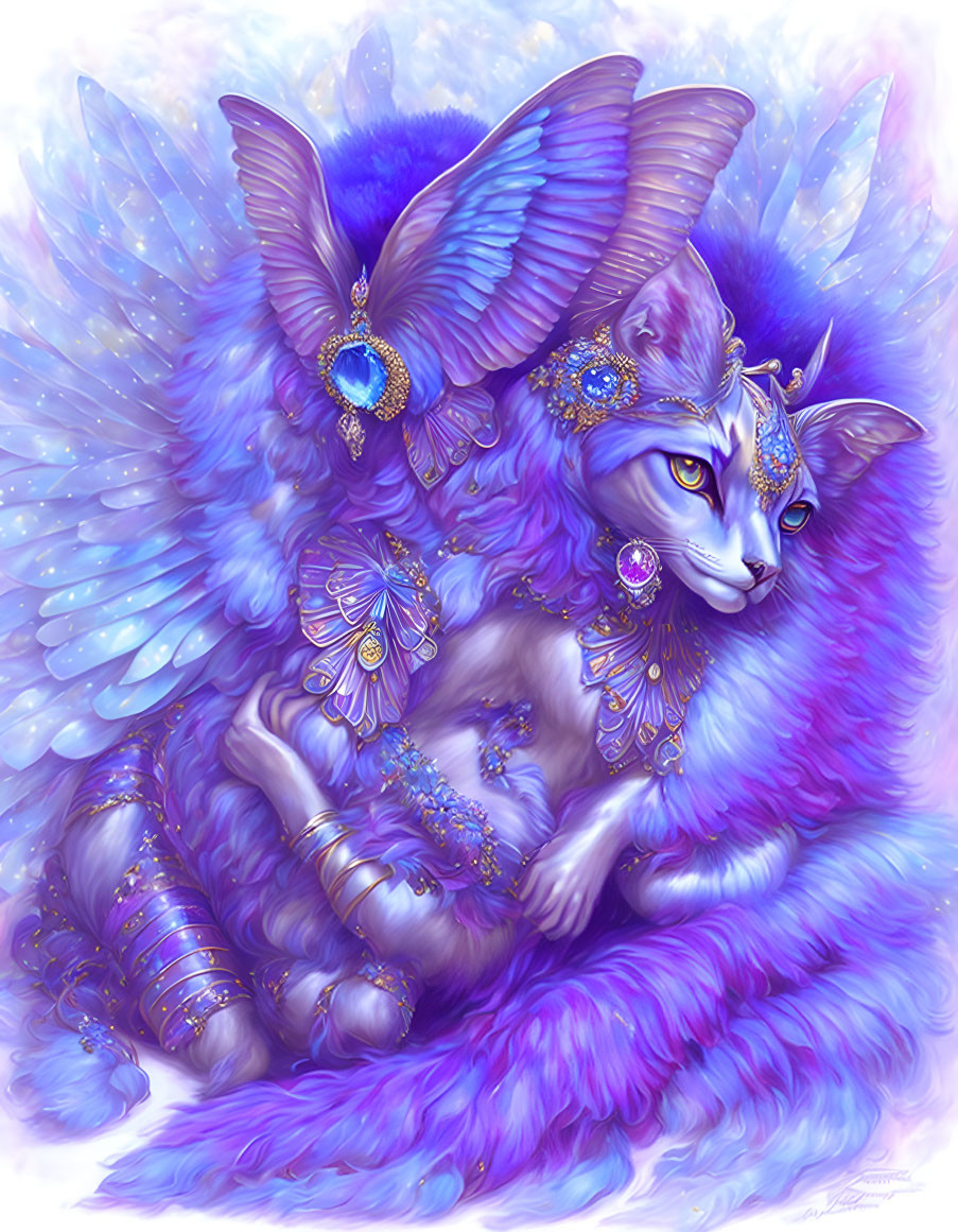 Purple feline creature with gemstone jewelry, butterfly wings, and moth symbol