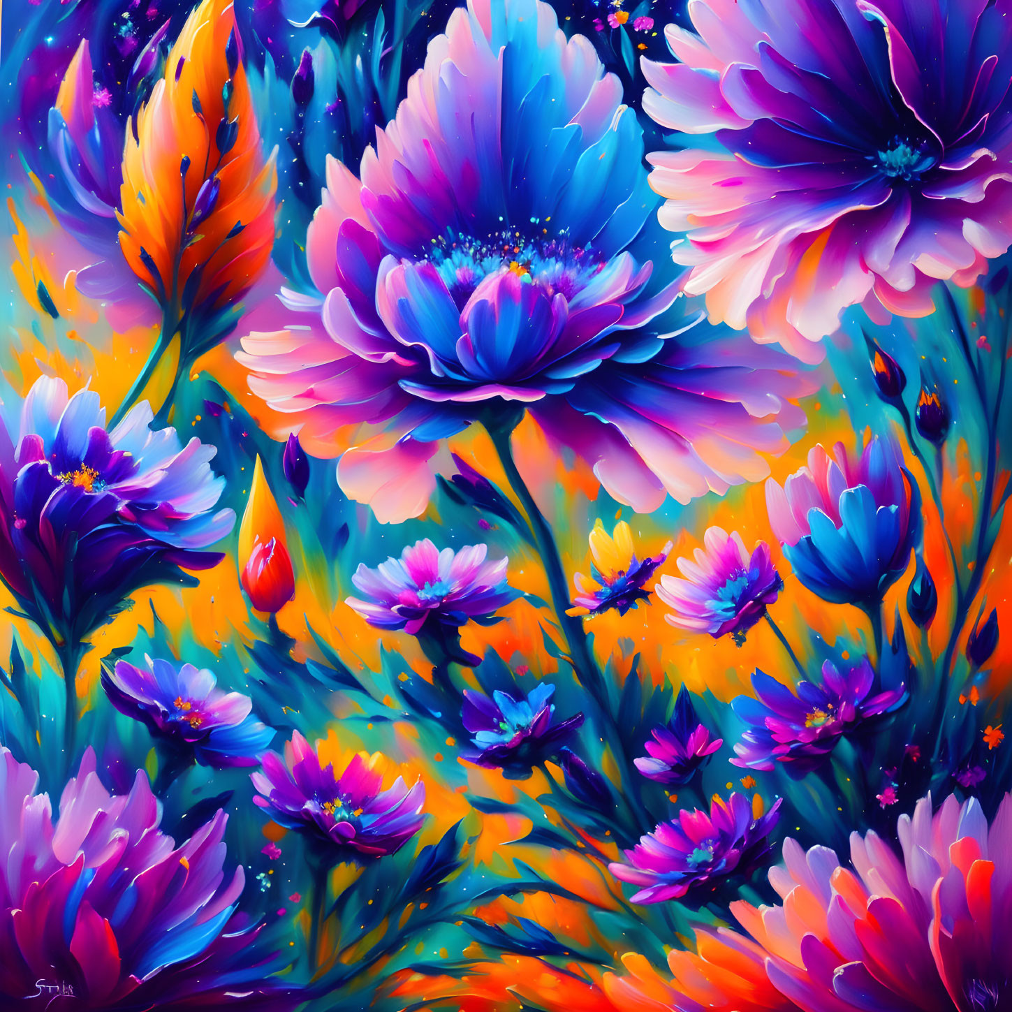 Colorful Stylized Flower Painting in Blues, Purples, and Oranges