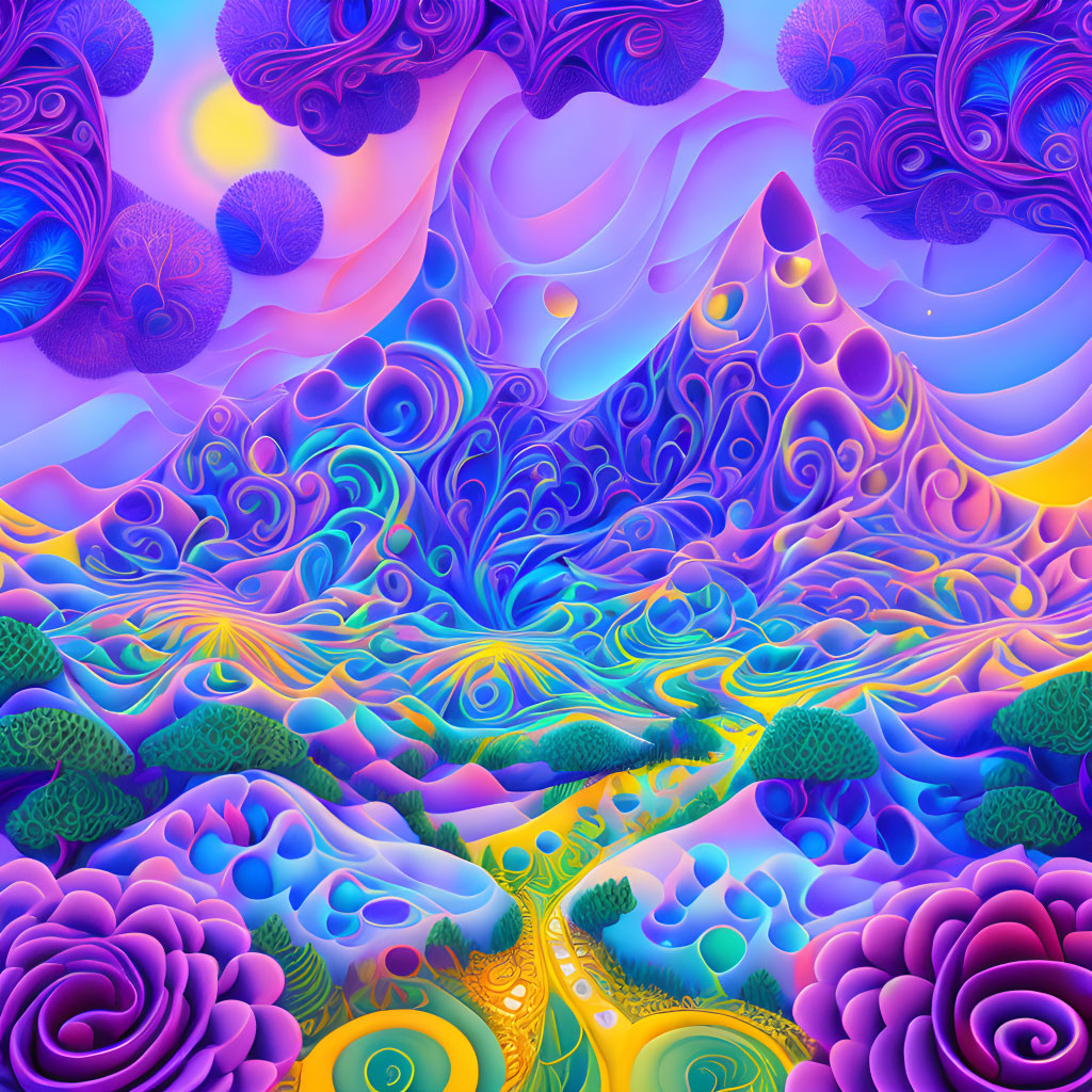 Colorful Fractal Landscape with Abstract Floral Shapes