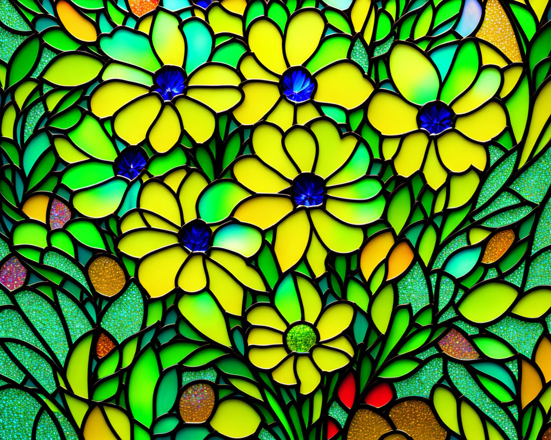 Colorful Stained Glass Pattern with Yellow Flowers and Blue Centers