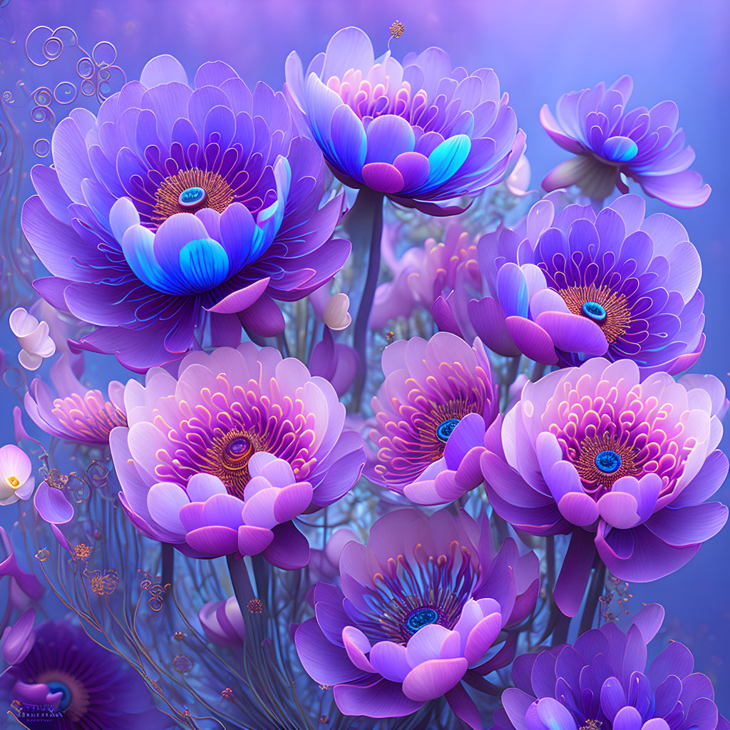 Colorful digital artwork: Stylized purple and blue flowers on soft purple background.