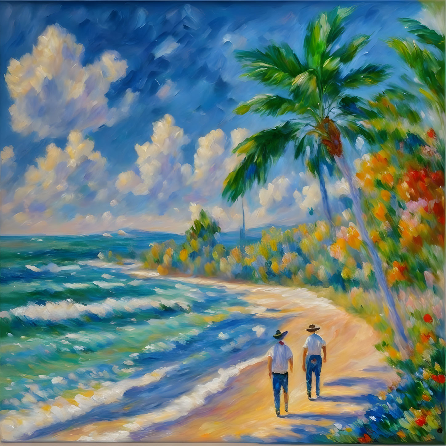 Tropical beach scene with two people walking, palm trees, colorful flora, and vibrant seascape