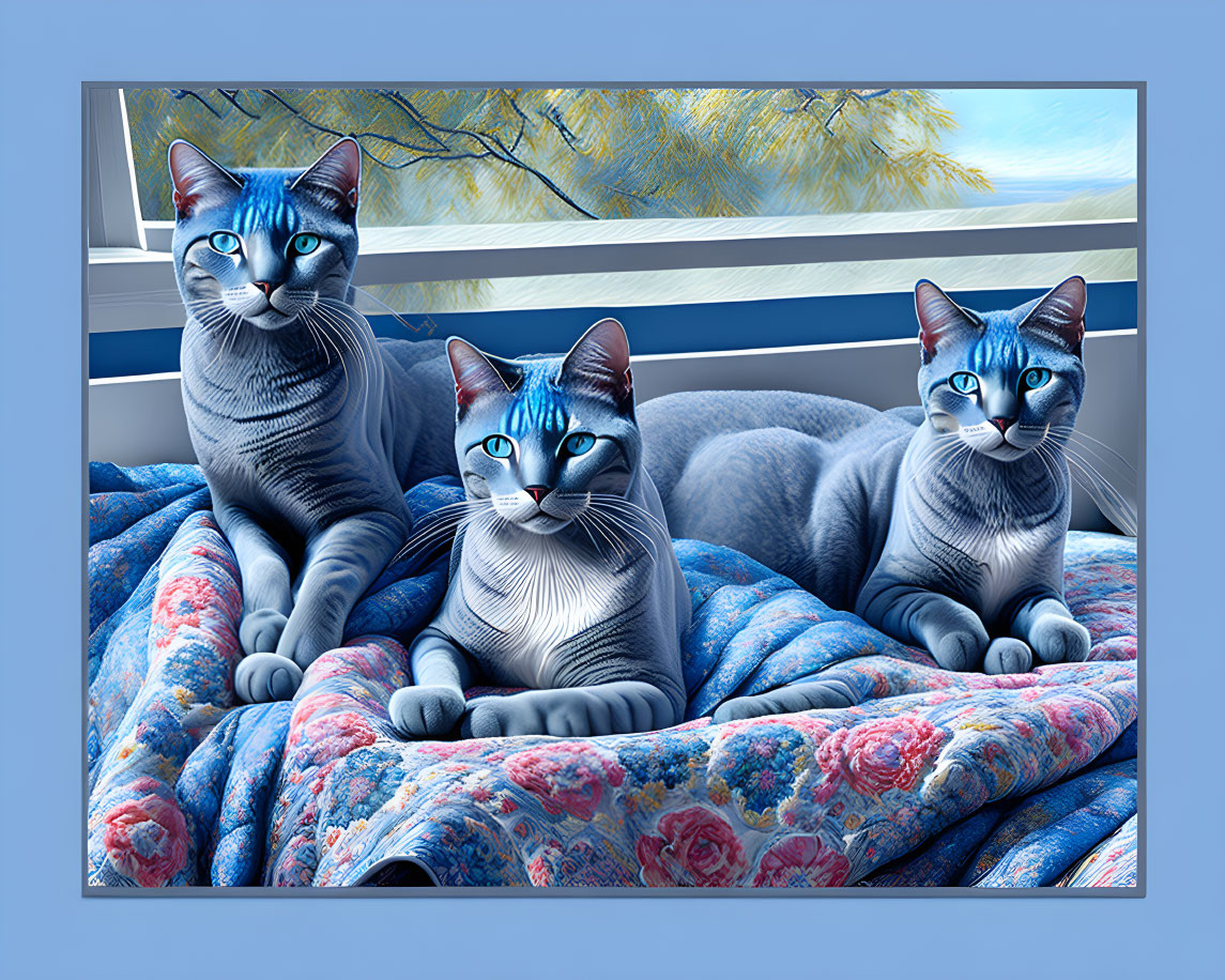 Blue-Striped Cats Relaxing on Floral Blanket Near Window with Yellow Foliage View