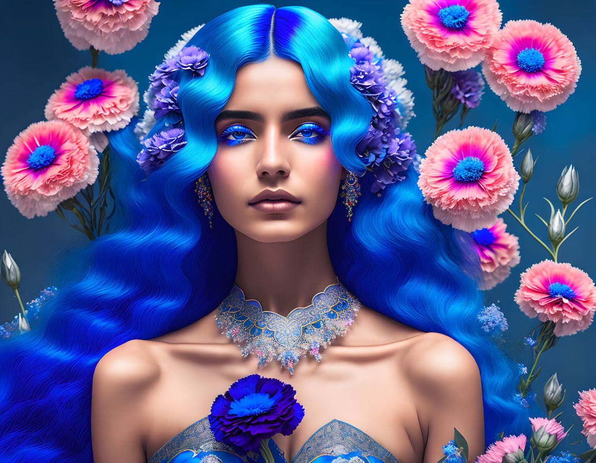 Woman with Vibrant Blue Hair and Floral Accessories in Pink and Blue Blossom Setting