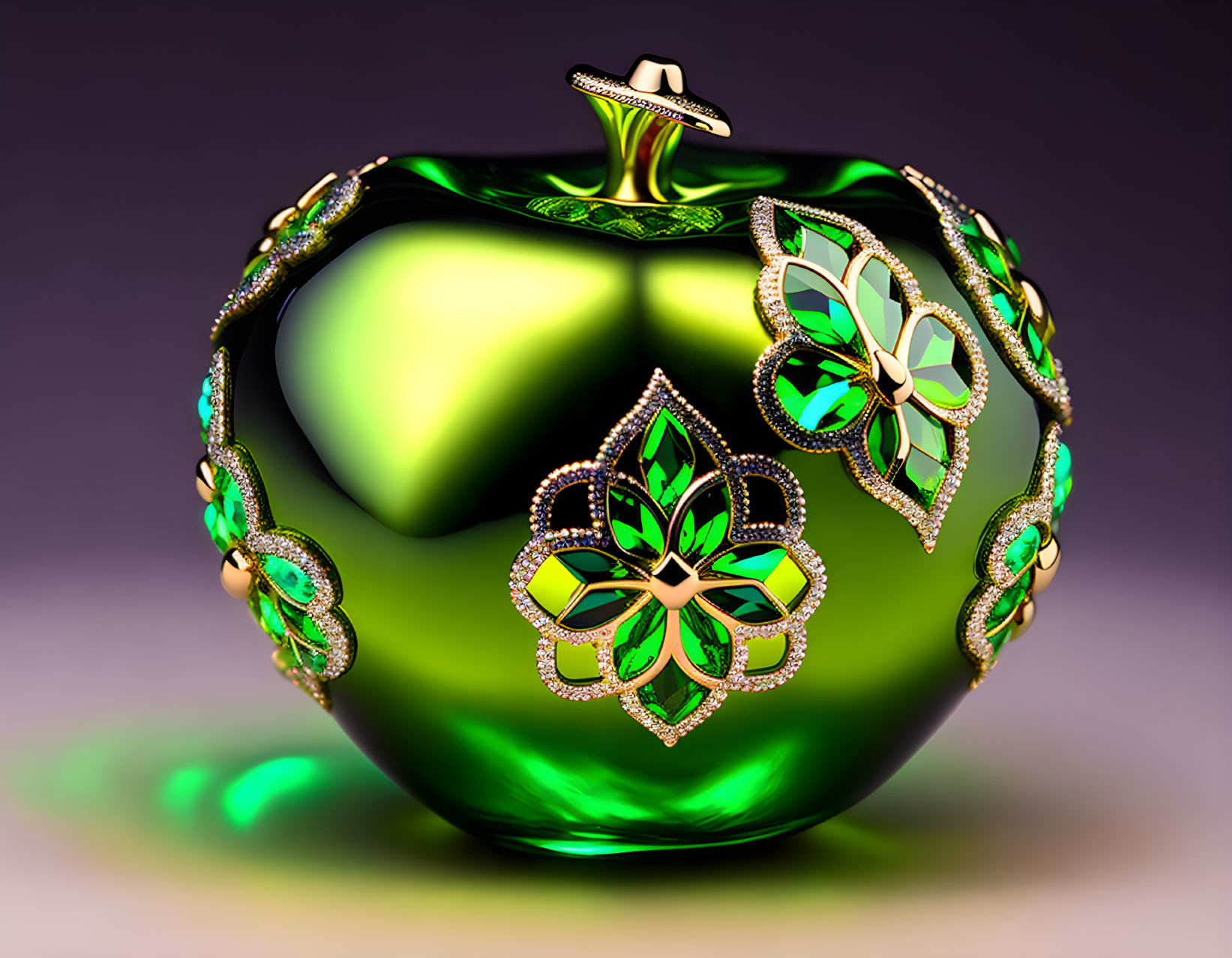 Emerald Green Apple-Shaped Container with Gold Filigree and Gemstones