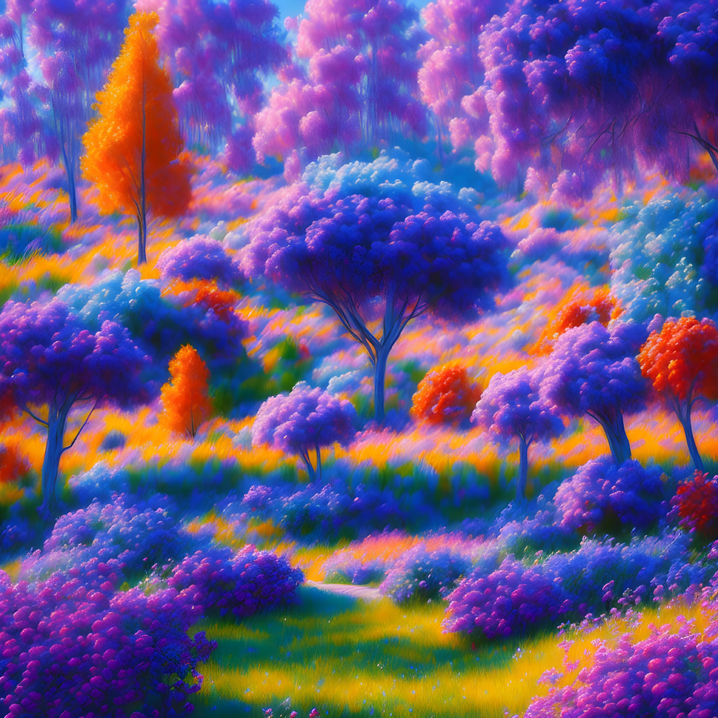 Colorful Fantasy Forest Landscape with Vibrant Trees and Flowers