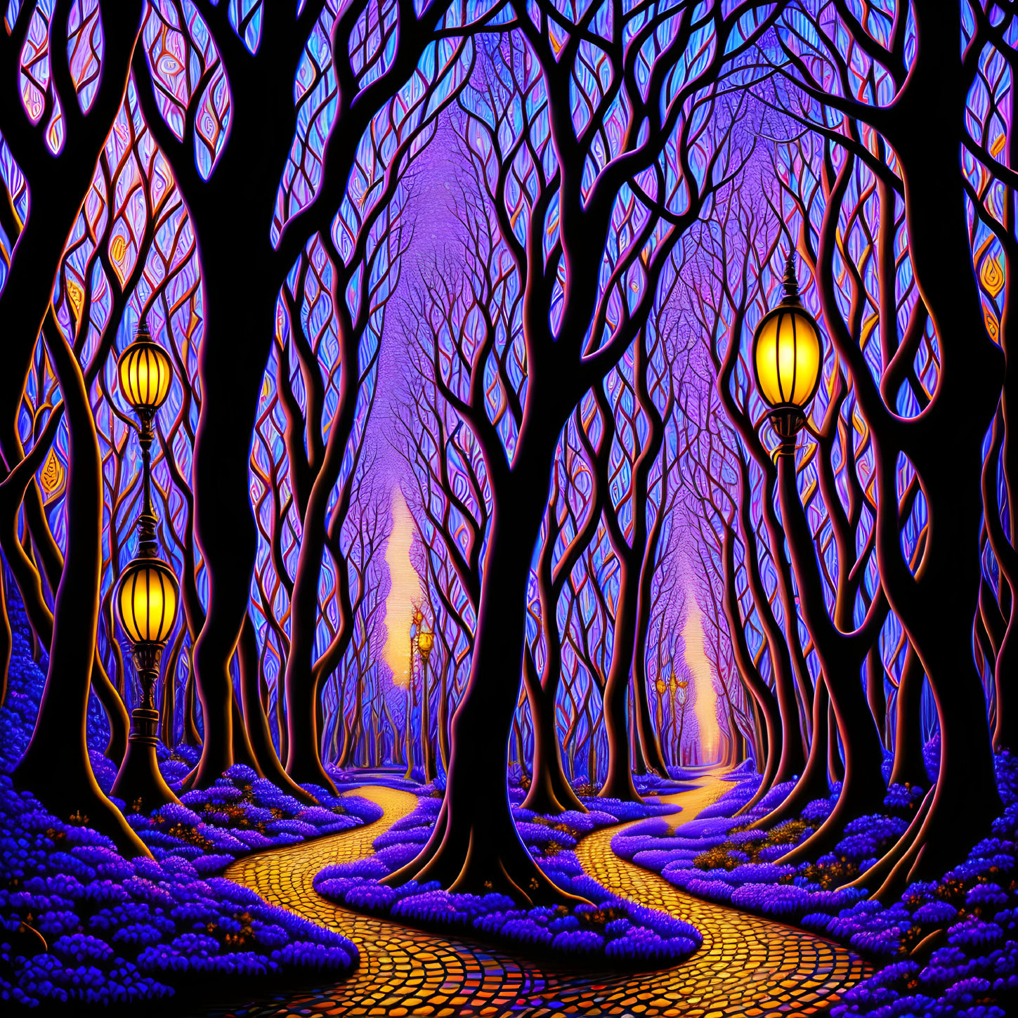 Digital artwork of mystical forest with blue foliage and golden lanterns