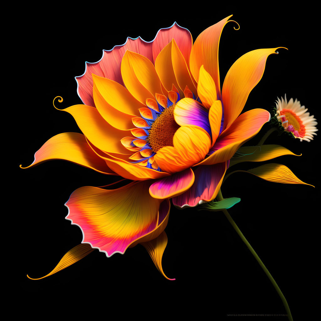 Colorful digital artwork: Vibrant orange flower on black background