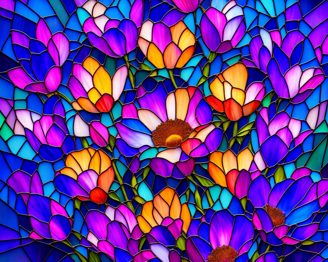 Vibrant stained glass design with pink, purple, and yellow flowers on blue background