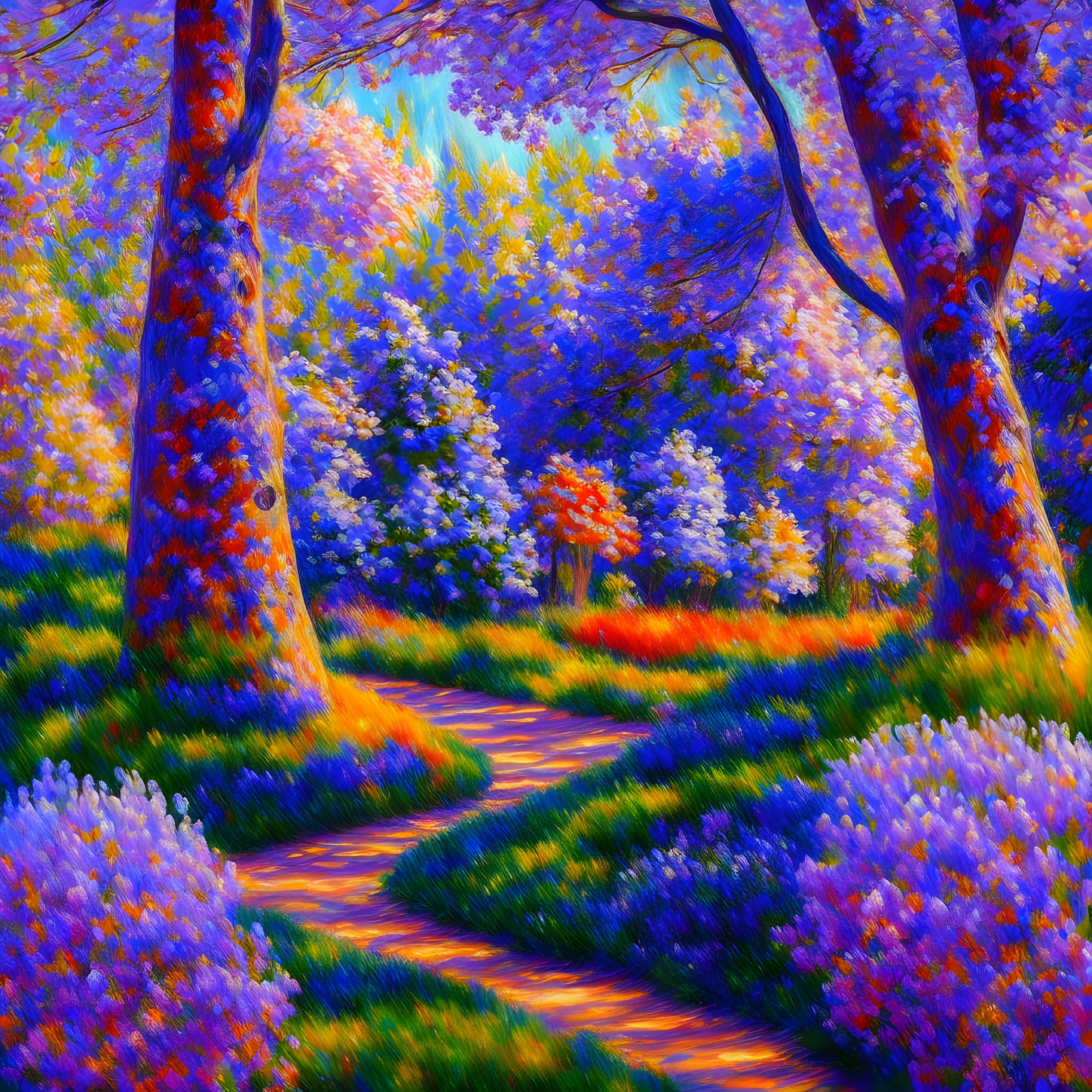 Colorful Flower-Lined Path Through Blossoming Forest