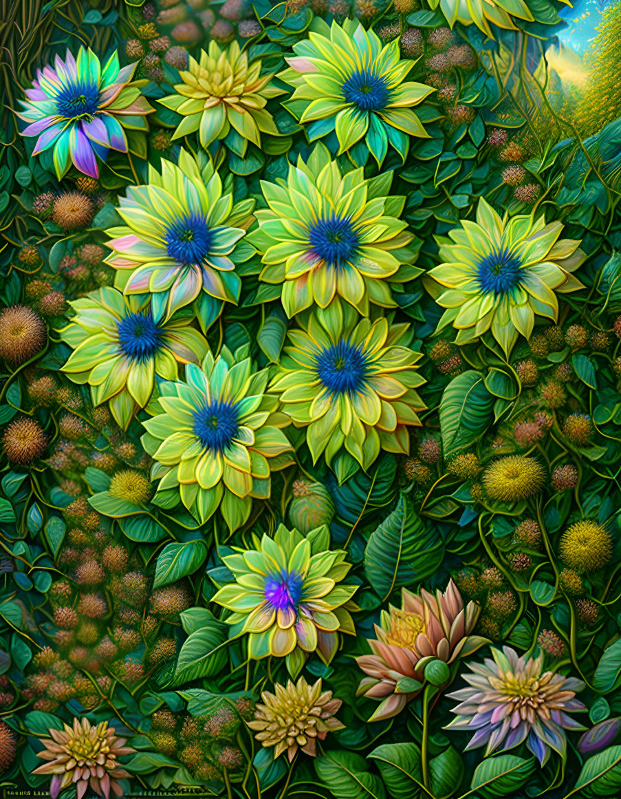 Colorful digital artwork: Yellow and green stylized flowers with a rainbow-petaled bloom, lush