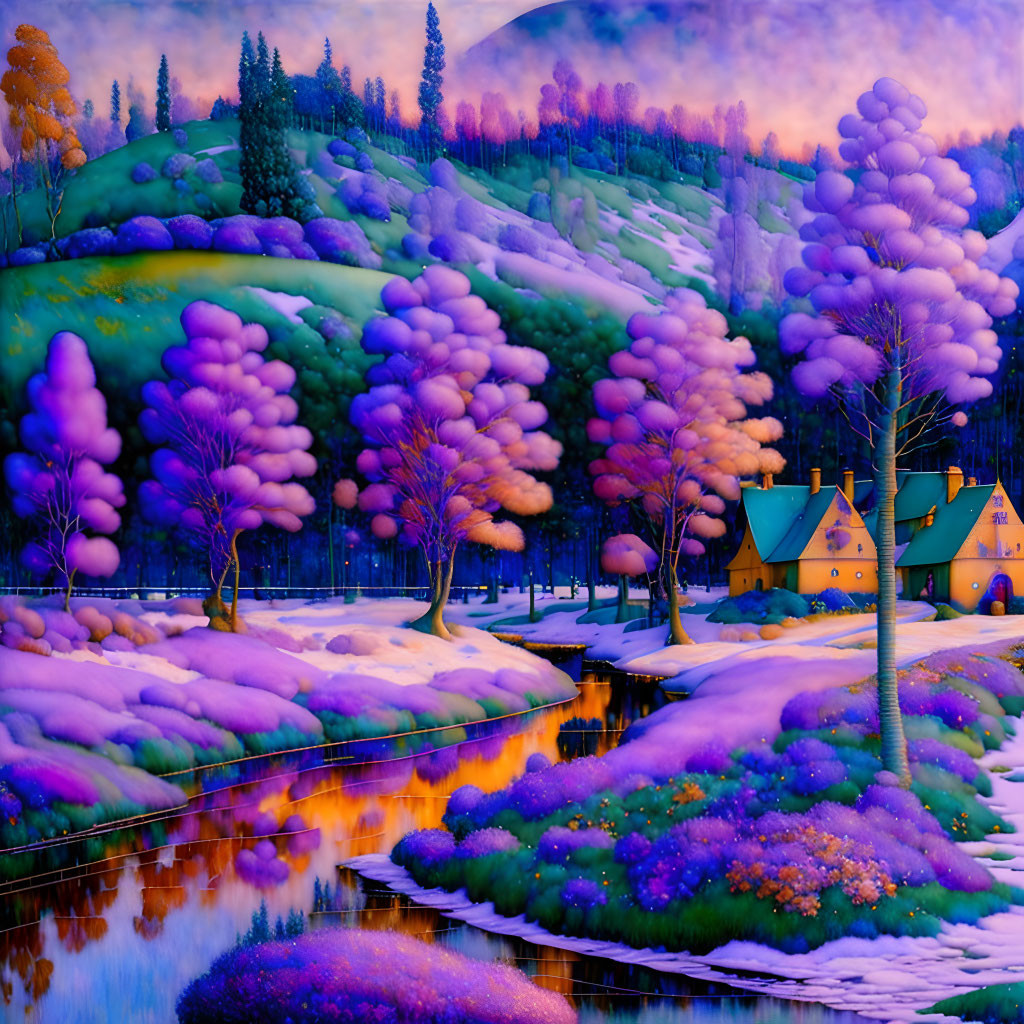 Colorful landscape painting with purple trees, serene river, and glowing houses