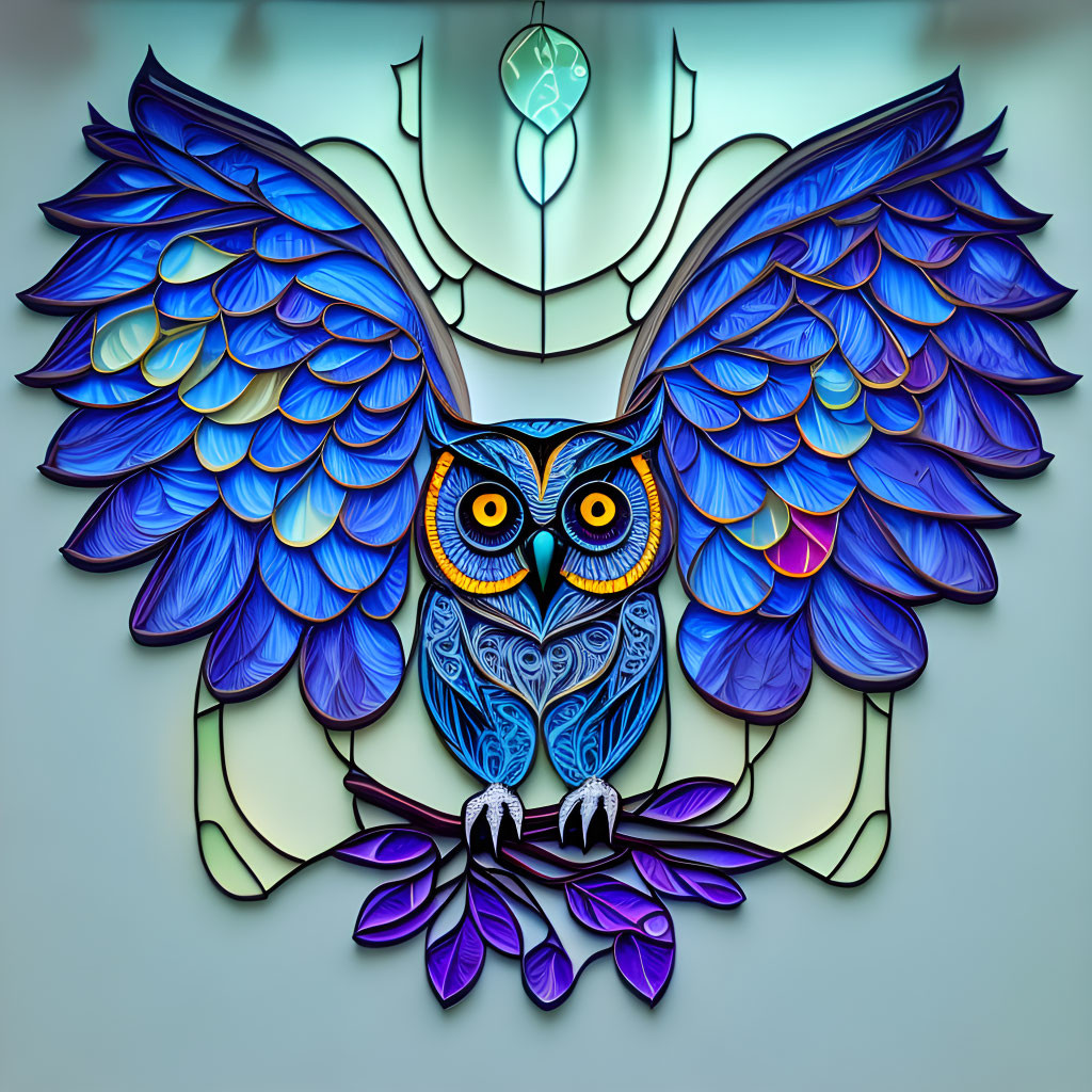 Colorful Stylized Owl Art with Gemstone in Stained Glass Style