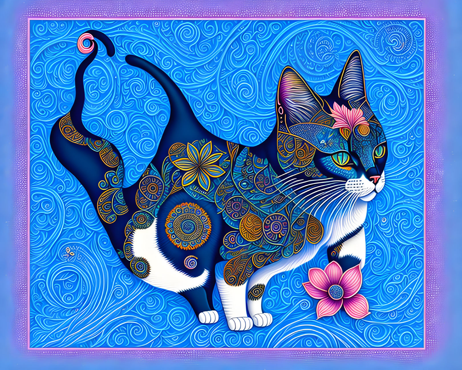 Stylized cat digital art with intricate patterns and floral designs