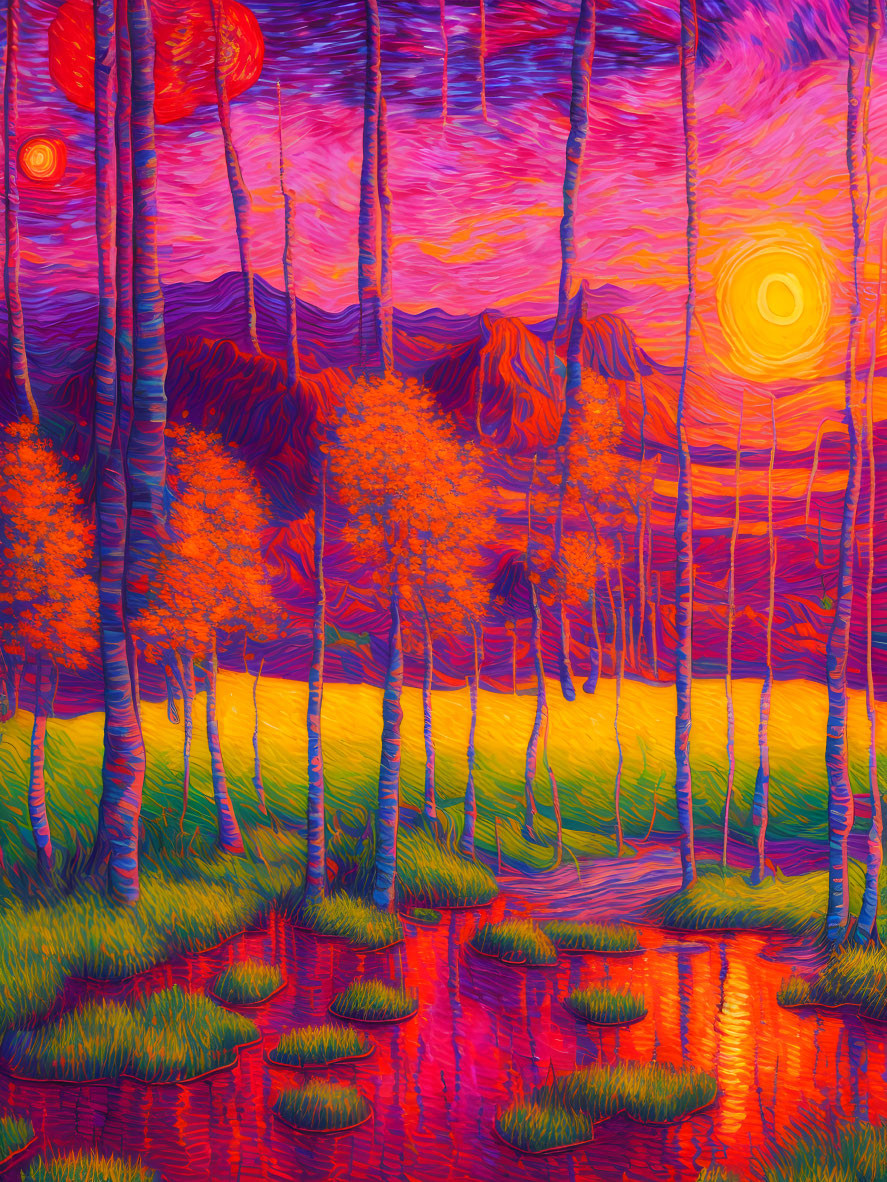 Surreal landscape with vibrant orange and pink hues, stylized trees, dual suns, swirling