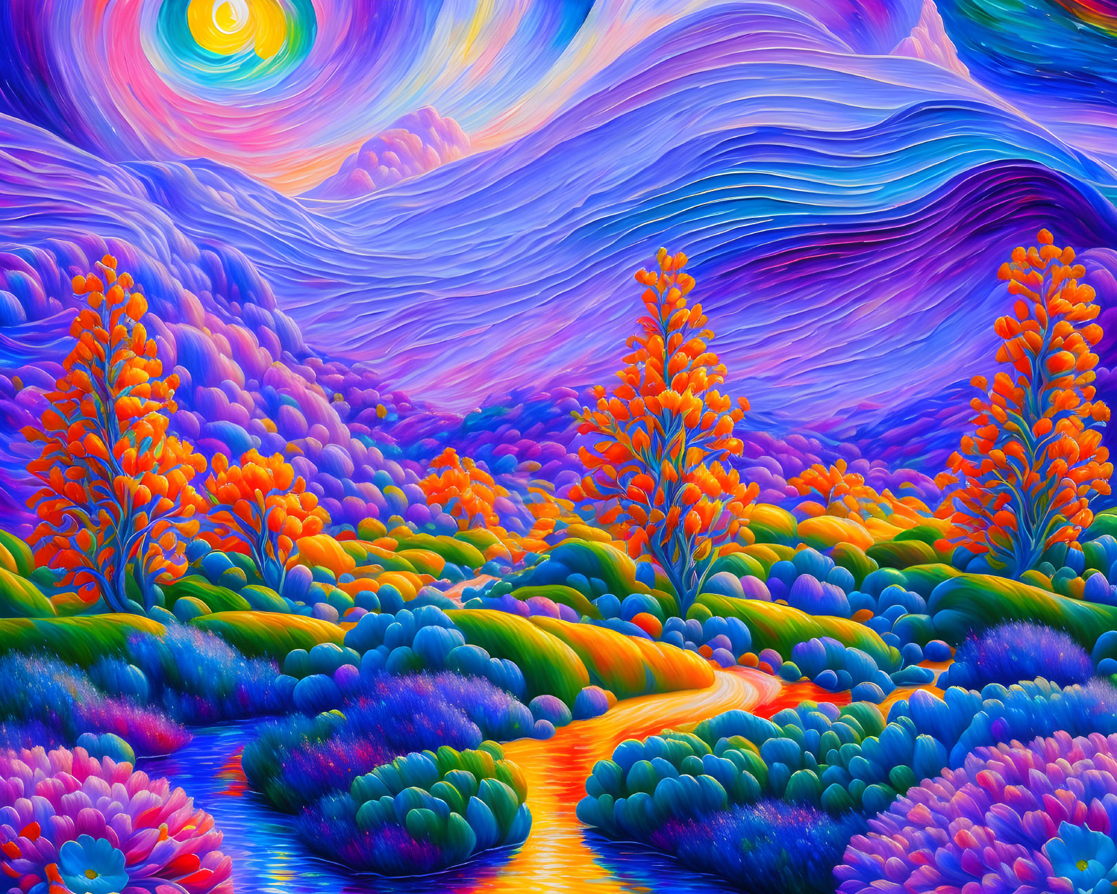 Colorful surreal landscape with swirling sky and wavy patterns