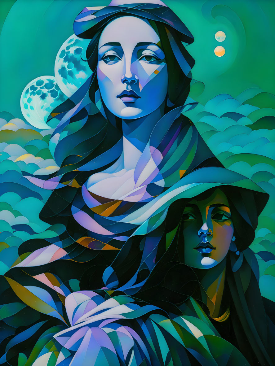 Vibrant surreal portrait of two women with celestial and wave-like elements