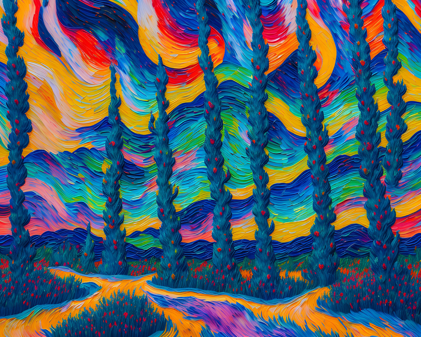 Colorful swirling landscape with stylized trees and wave-like sky