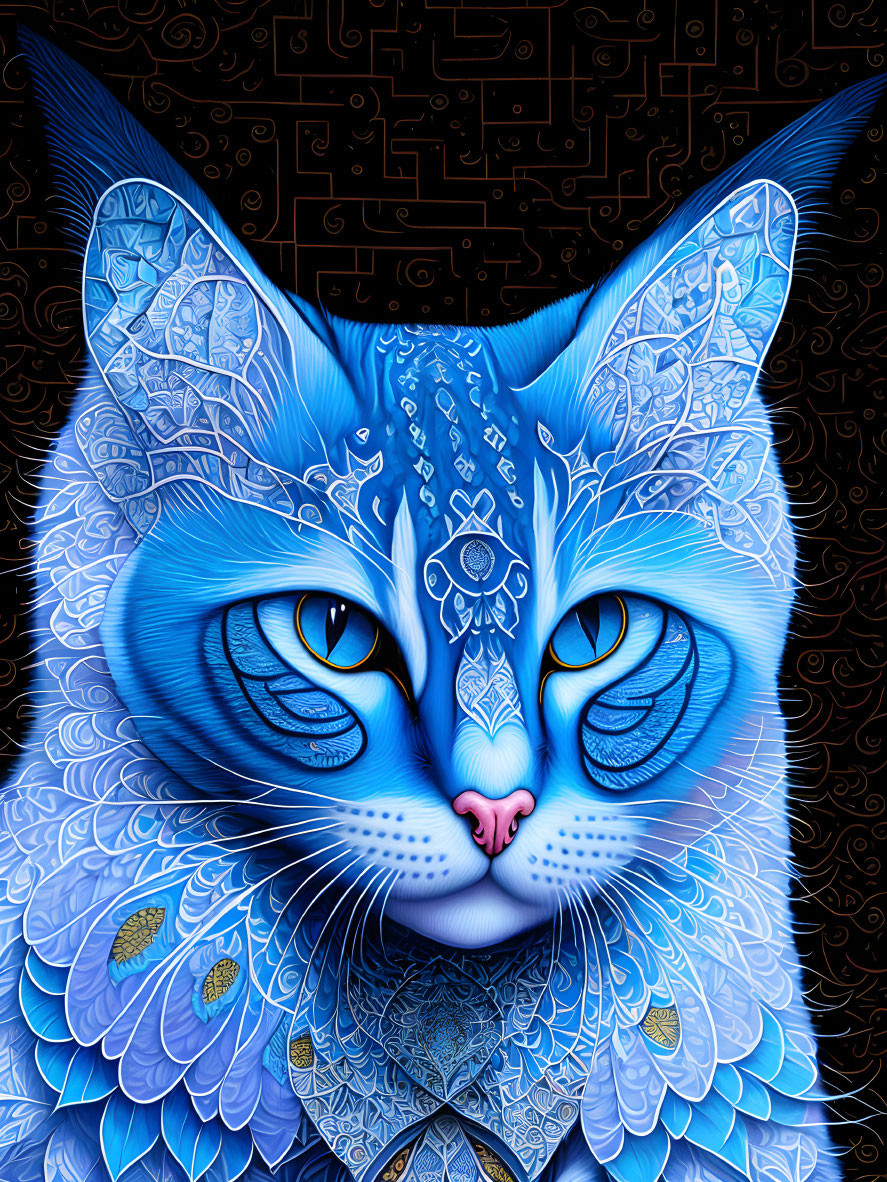 Intricate Blue Cat Artwork with Golden Eyes