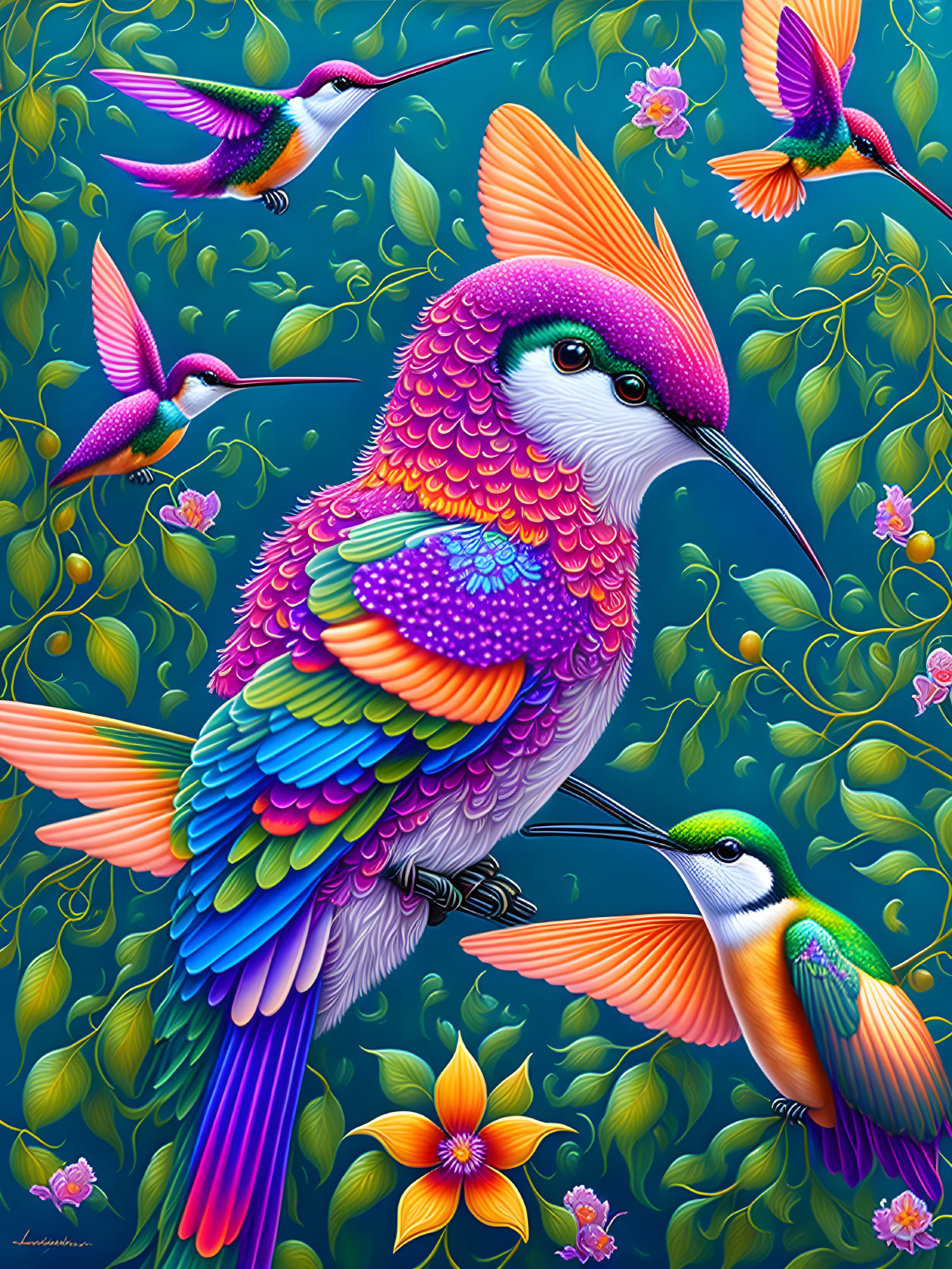 Colorful Bird Artwork with Hummingbirds and Floral Motifs