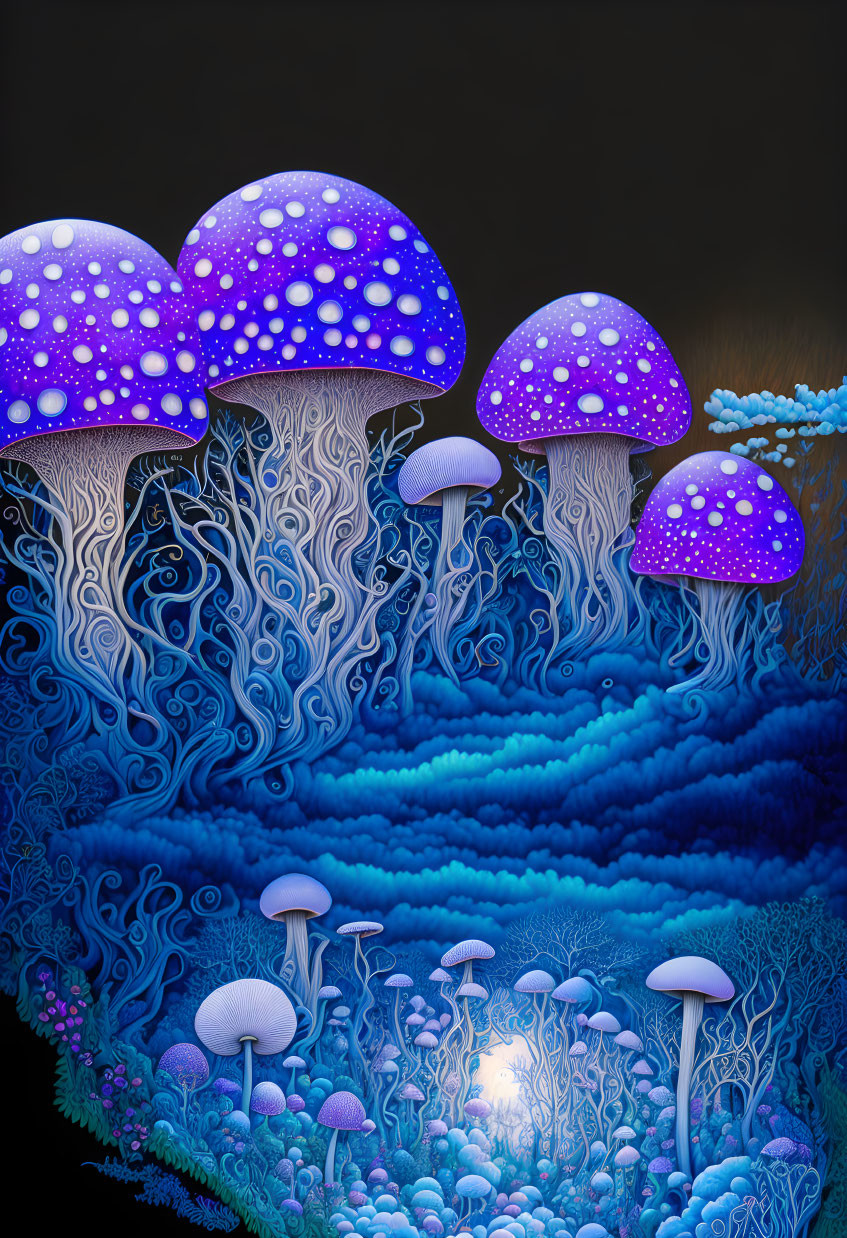 Fantasy mushrooms with neon blue and purple hues and intricate underwater coral patterns