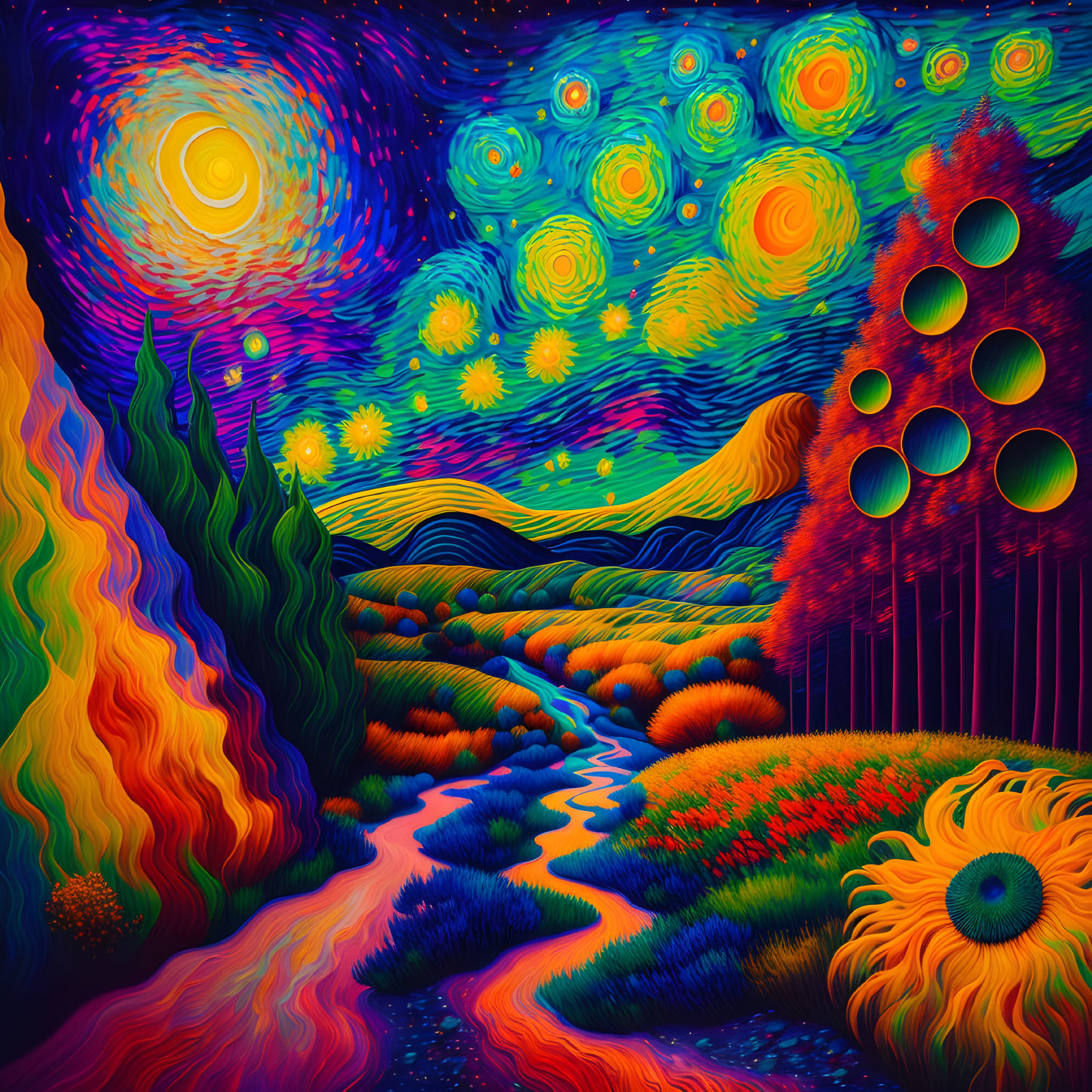 Colorful landscape with swirling starry sky, undulating hills, flowing river, stylized trees