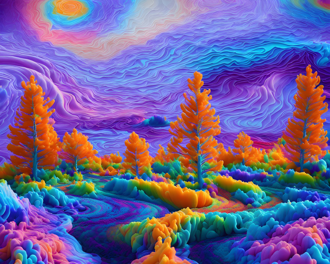 Colorful surreal landscape with wavy textures and orange trees.