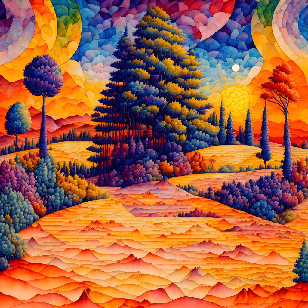 Colorful Landscape Painting with Stylized Trees and Swirling Sky