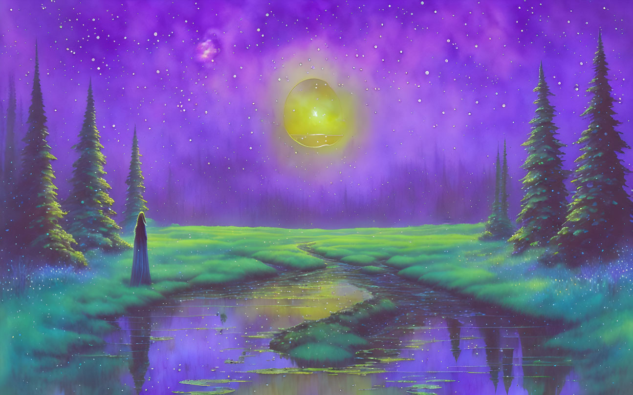 Landscape painting: Purple skies, yellow moon, stars, water reflection, lone figure, evergreen