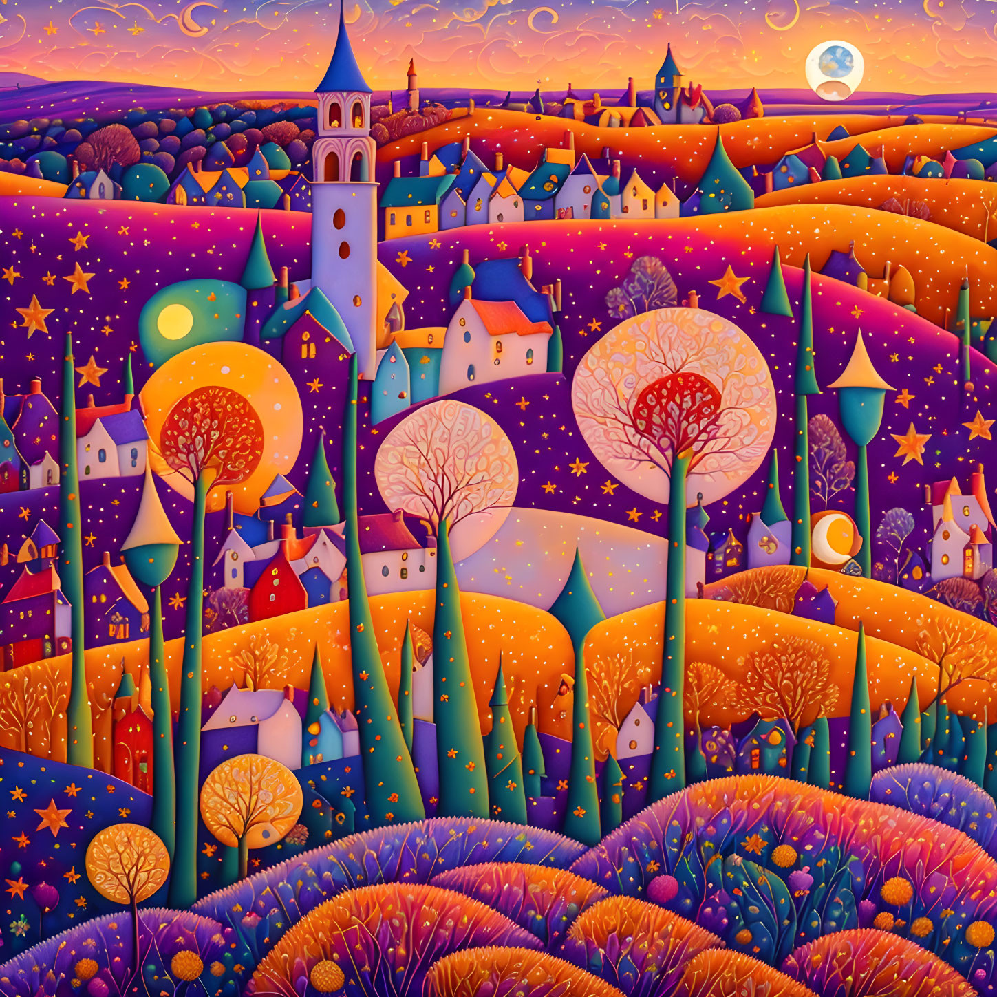 Colorful painting of whimsical landscape with trees, houses, church, starry sky.