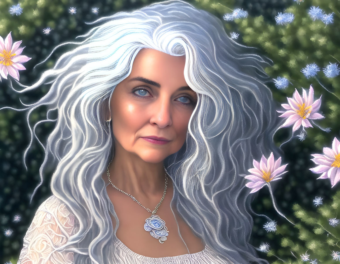 Portrait of a woman with white hair and blue eyes in lace top and pendant, surrounded by green foliage