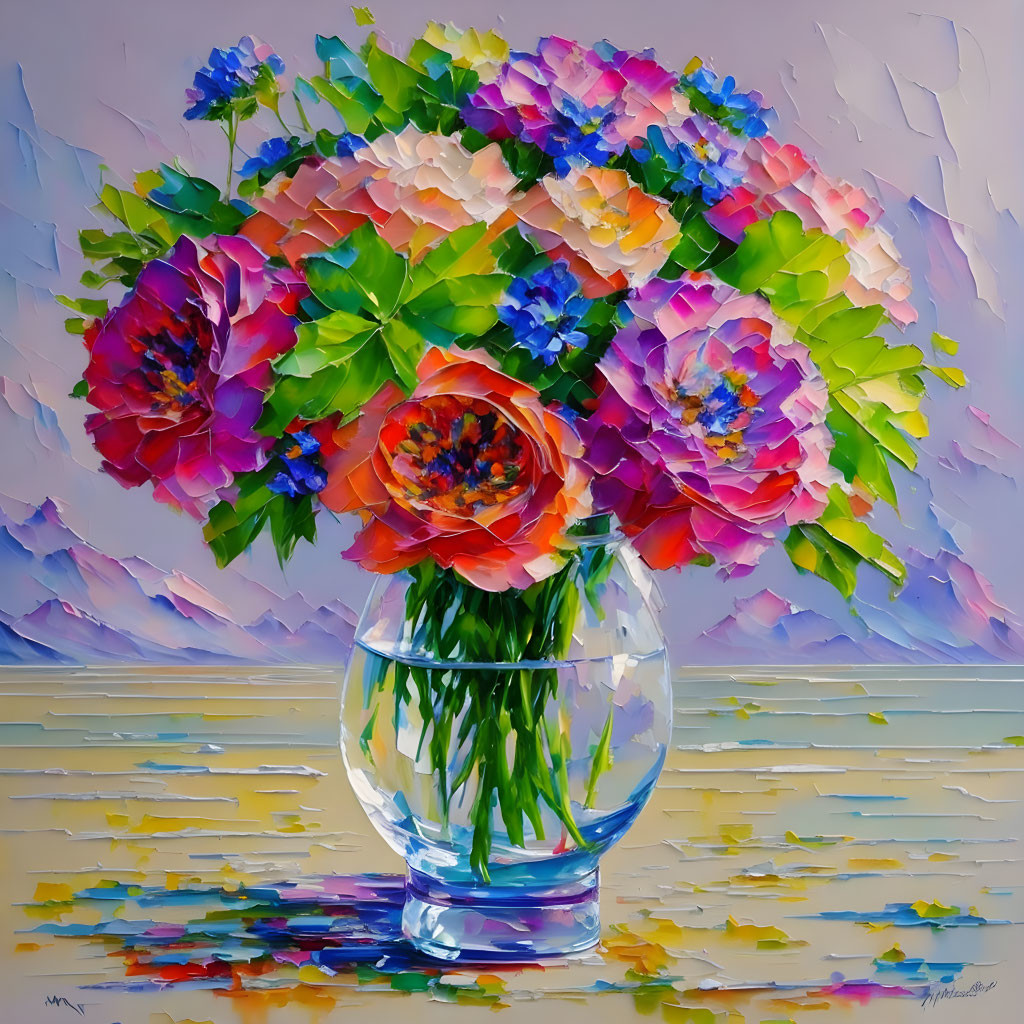 Vibrant impressionistic painting of flowers in glass vase