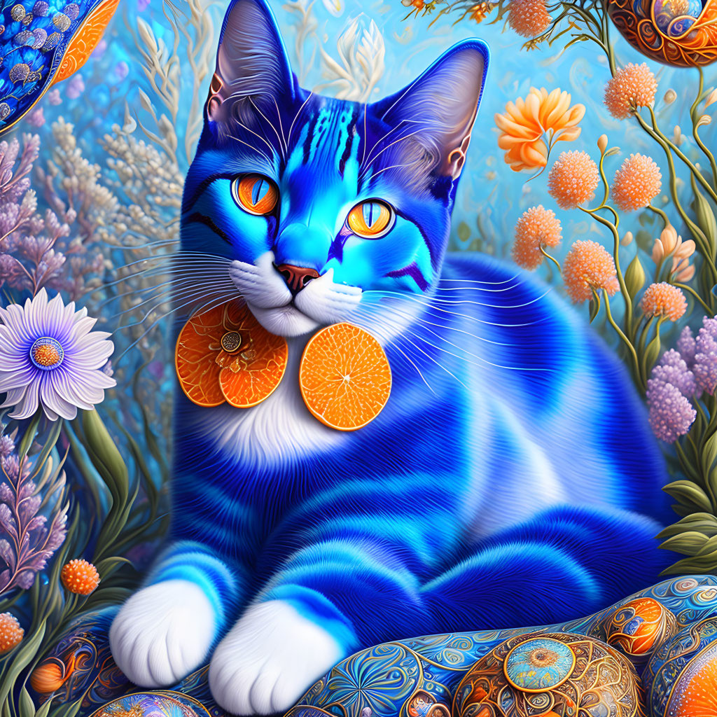 Colorful Digital Artwork: Blue-Striped Cat Among Citrus and Flowers